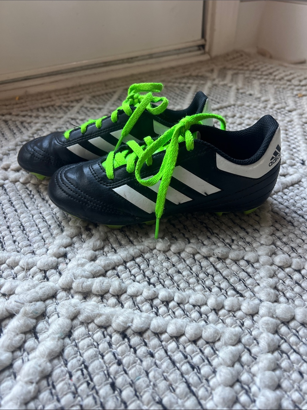 adidas Kids Black Soccer Shoes with Neon Green Laces